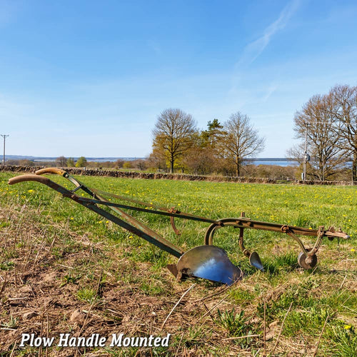 Historic plow with handcrafted Amish made hardwood handles mounted on a metal frame, set in a grassy field under a clear blue sky, featured in Farm, Garden & Tool, Digging and Cultivating, Best Sellers, and Promo Eligible collections.