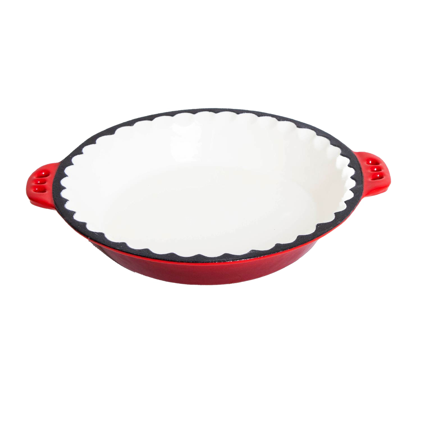 Handcrafted cast iron pie pan with decorative crimped edges and dual handles, featuring a smooth white interior and vibrant red exterior, ideal for Kitchen & Food, Cookware, Cast Iron, Baking Supplies, Best Sellers, and Promo Eligible collections.