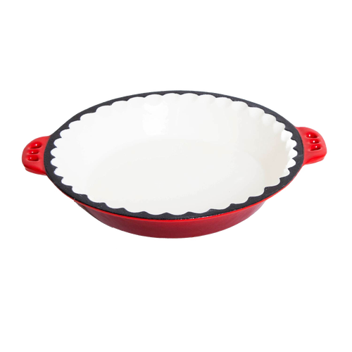 Handcrafted cast iron pie pan with decorative crimped edges and dual handles, featuring a smooth white interior and vibrant red exterior, ideal for Kitchen & Food, Cookware, Cast Iron, Baking Supplies, Best Sellers, and Promo Eligible collections.