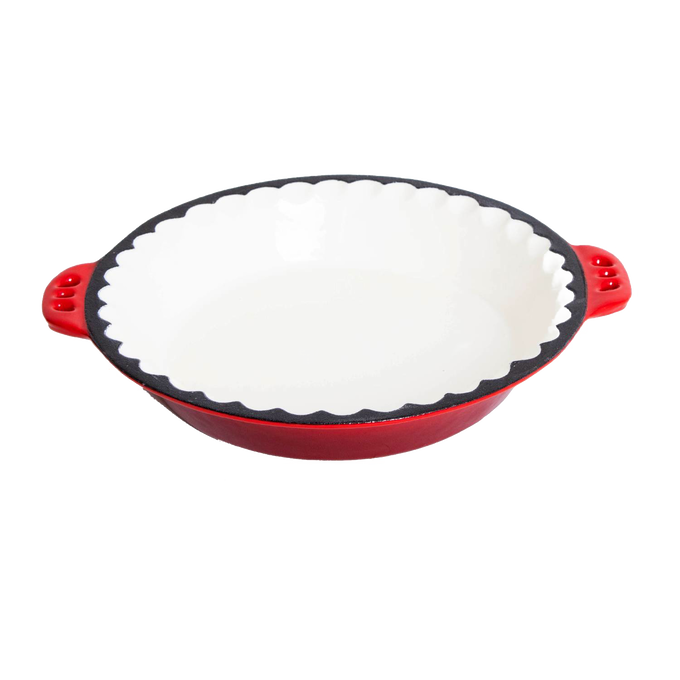 Handcrafted cast iron pie pan with decorative crimped edges and dual handles, featuring a smooth white interior and vibrant red exterior, ideal for Kitchen & Food, Cookware, Cast Iron, Baking Supplies, Best Sellers, and Promo Eligible collections.