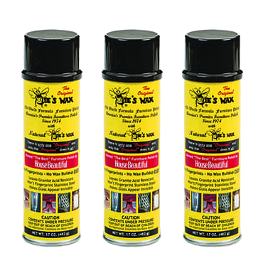 Three yellow cans of Bee's Wax furniture polish with black caps, featuring natural beeswax formula, no wax buildup, fingerprint resistance, and USA-made quality, ideal for Home & Decor and Household Cleaning collections.