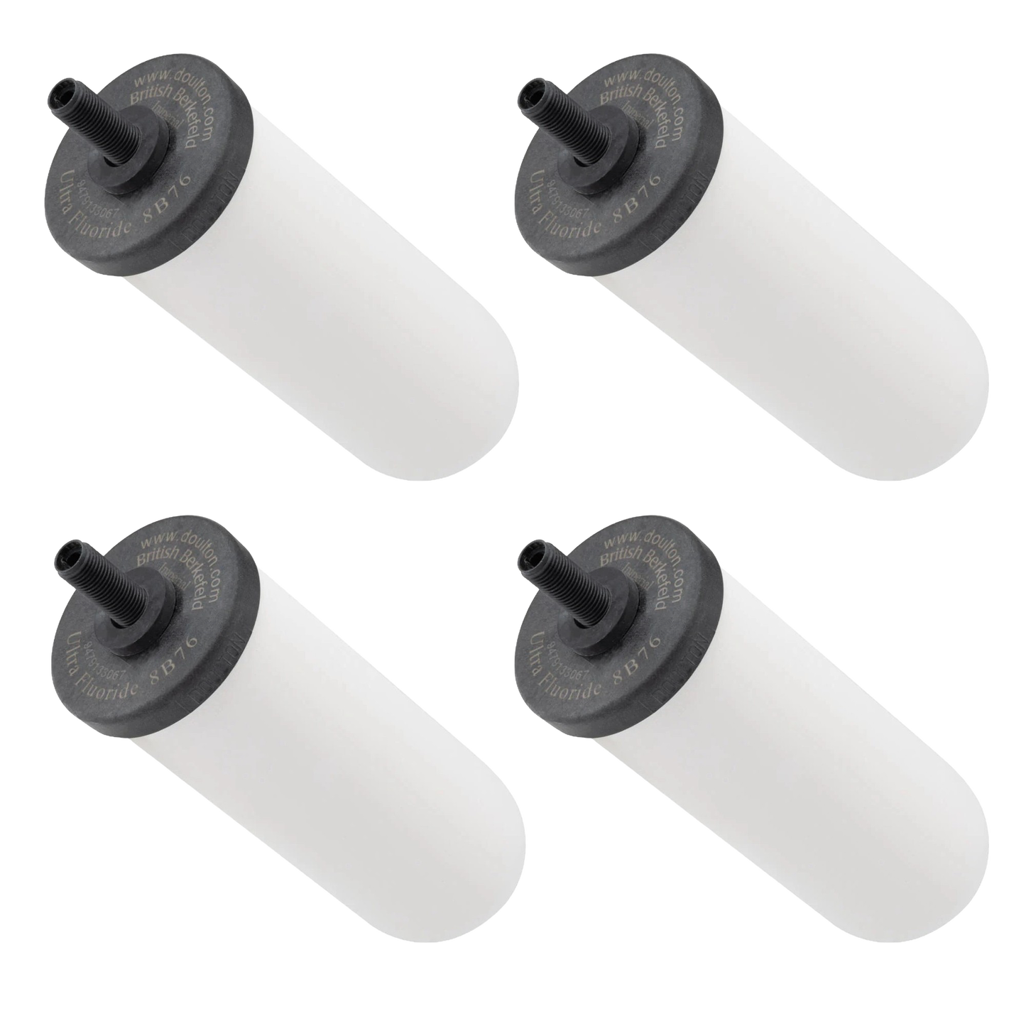 Four white ultra fluoride ceramic filter cartridges with black threaded tops, handcrafted for gravity water filtration in Farm, Garden & Tool, Appliances, Emergency Supplies, and Water Treatment collections.