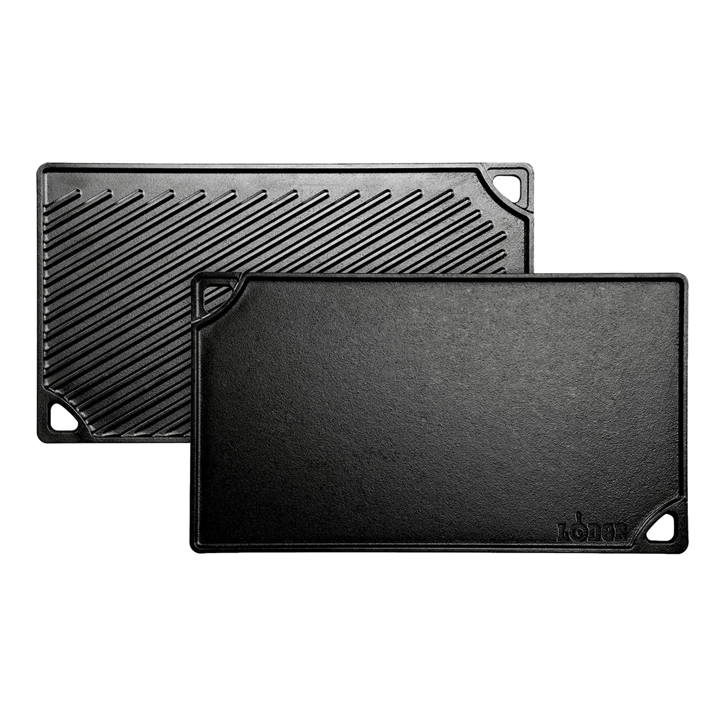 Reversible black cast iron griddle with a smooth flat side and a ribbed grill surface, featuring corner handles and durable construction, handcrafted in the USA, ideal for Kitchen & Food and Cast Iron cookware collections.