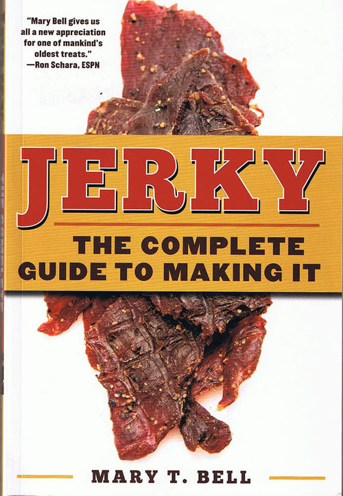 Cover of a cookbook featuring close-up dried jerky strips with bold text highlighting it as a comprehensive guide to making jerky, perfect for cookbooks and heritage collections.