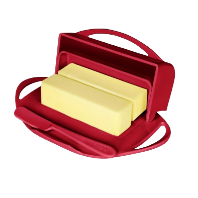 Bright red flip-top butter dish holding two rectangular butter sticks with a matching spreader nestled in a front cradle, designed for mess-free use in Kitchen & Food, Kitchen Gadgets, and Storage and Serving collections.