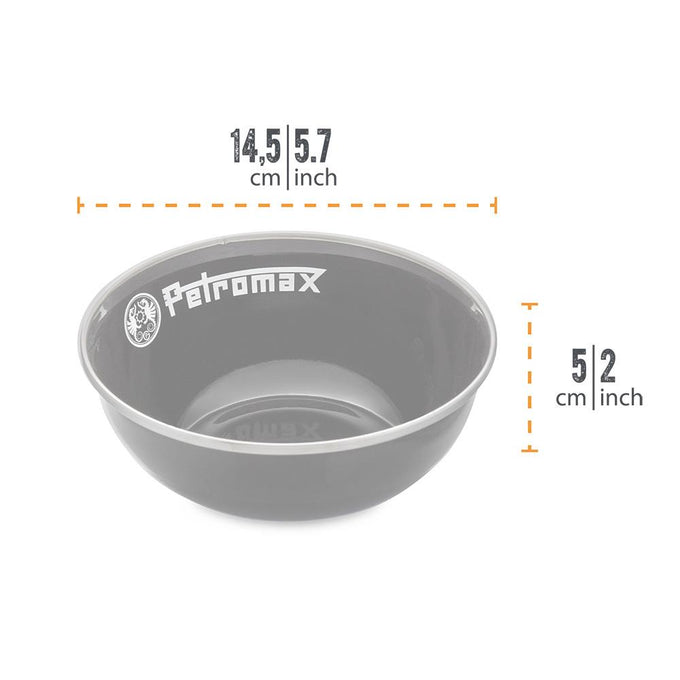 Durable gray enamel bowl with white logo and rim, measuring about 14.5 cm diameter and 5.2 cm height, ideal for camping, kitchen, and outdoor use in Farm, Garden & Tool, and Dinnerware collections.