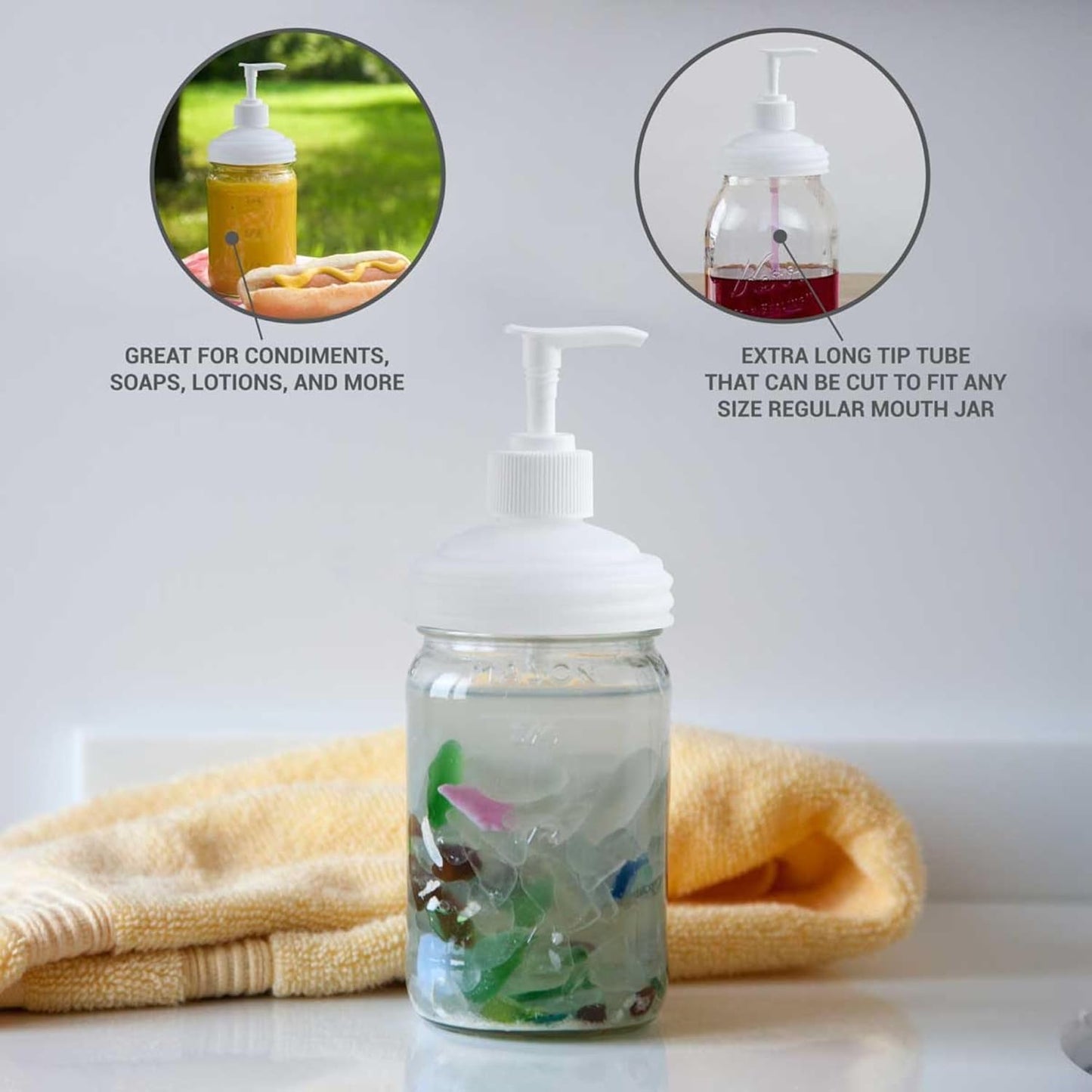 Clear mason jar with white pump lid featuring an adjustable long tip tube, placed on a countertop beside a folded yellow towel, eco-friendly household helper in Home & Decor and USA Made collections.