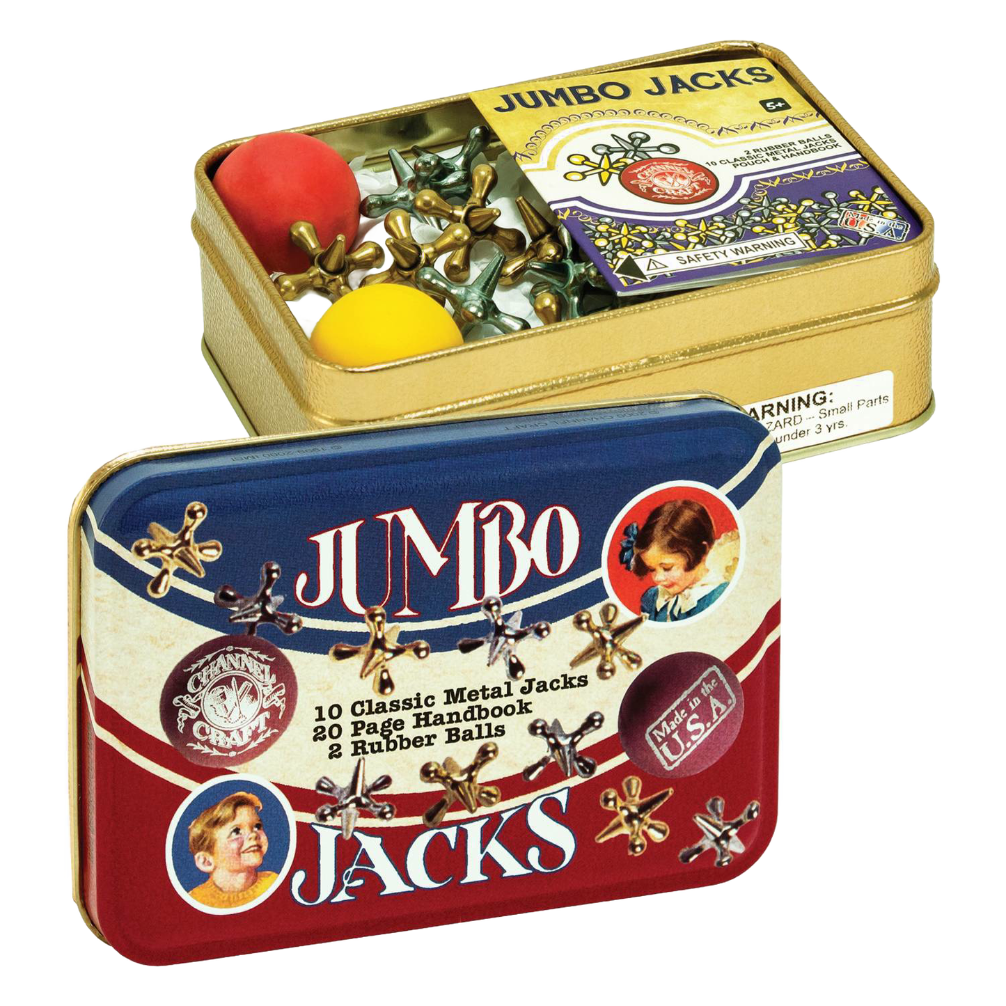 Handcrafted metal jumbo jacks game in a colorful tin box with two rubber balls and a 20-page instruction booklet, made in USA, featured in Toys, Books & Games, USA Made, Children's Toys, Games and Puzzles, Table and Board Games, Best Sellers, and Promo Eligible collections.