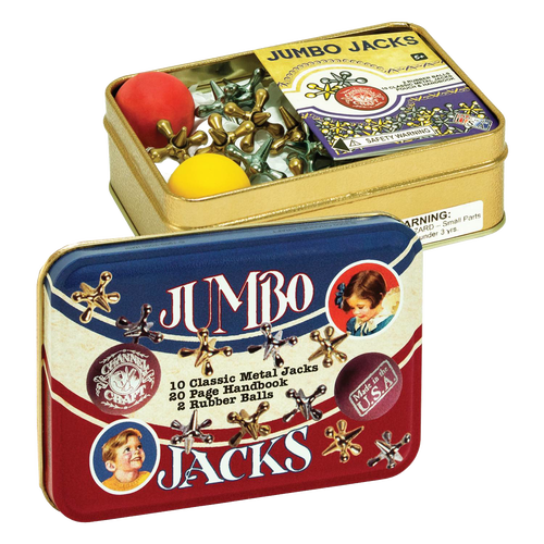 Handcrafted metal jumbo jacks game in a colorful tin box with two rubber balls and a 20-page instruction booklet, made in USA, featured in Toys, Books & Games, USA Made, Children's Toys, Games and Puzzles, Table and Board Games, Best Sellers, and Promo Eligible collections.