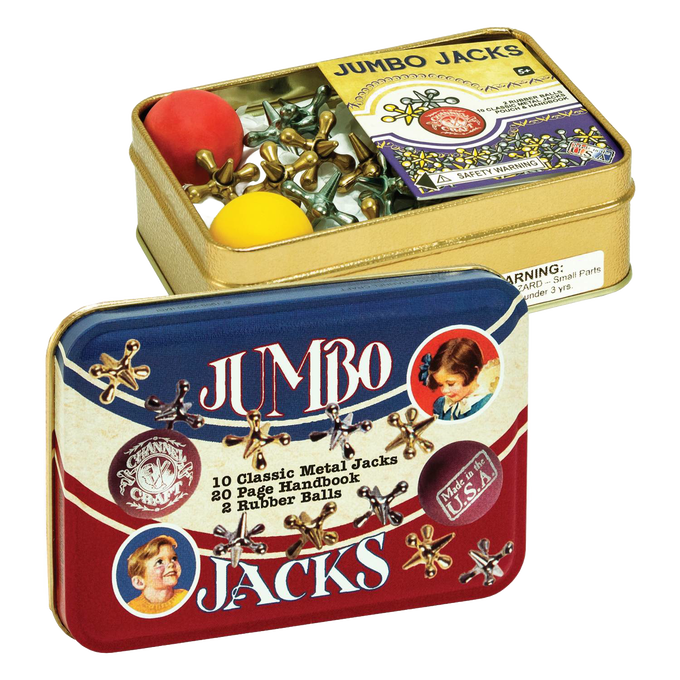 Handcrafted metal jumbo jacks game in a colorful tin box with two rubber balls and a 20-page instruction booklet, made in USA, featured in Toys, Books & Games, USA Made, Children's Toys, Games and Puzzles, Table and Board Games, Best Sellers, and Promo Eligible collections.