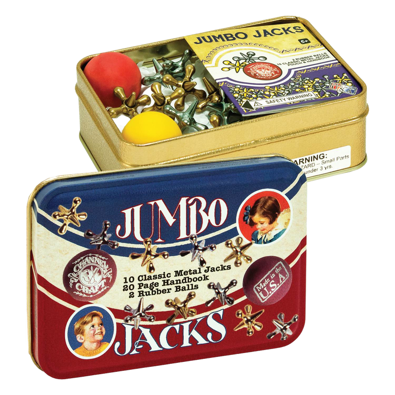 Handcrafted metal jumbo jacks game in a colorful tin box with two rubber balls and a 20-page instruction booklet, made in USA, featured in Toys, Books & Games, USA Made, Children's Toys, Games and Puzzles, Table and Board Games, Best Sellers, and Promo Eligible collections.