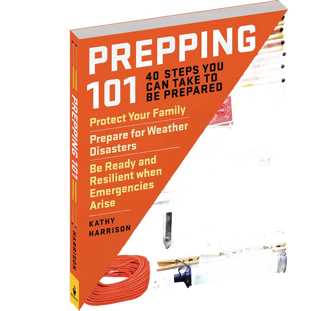 Paperback survival guide titled "Prepping 101" by Kathy Harrison offering 40 practical steps for emergency readiness, featured in USA Made and Emergency Supplies collections.