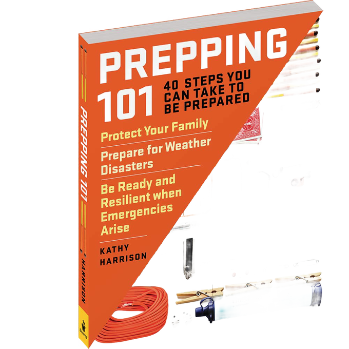 Paperback survival guide titled "Prepping 101" by Kathy Harrison offering 40 practical steps for emergency readiness, featured in USA Made and Emergency Supplies collections.