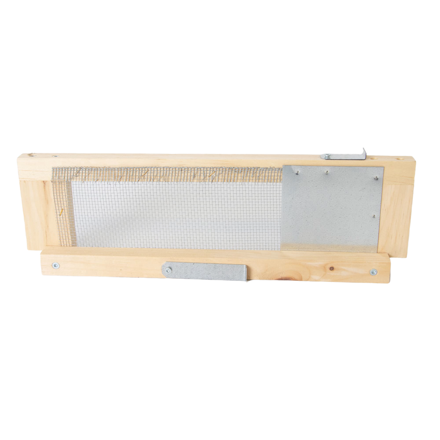 Wooden framed hive robbing screen with metal latches and mesh panel, handcrafted by Amish artisans in the USA, ideal for beekeeping and garden tool collections.