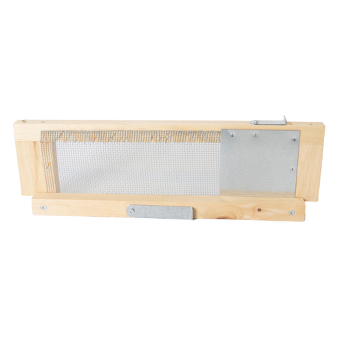 Wooden framed hive robbing screen with metal latches and mesh panel, handcrafted by Amish artisans in the USA, ideal for beekeeping and garden tool collections.