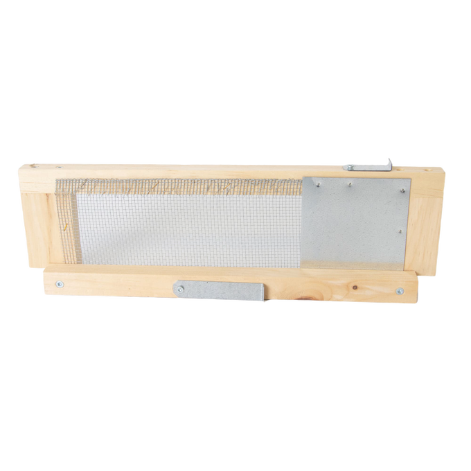 Wooden framed hive robbing screen with metal latches and mesh panel, handcrafted by Amish artisans in the USA, ideal for beekeeping and garden tool collections.