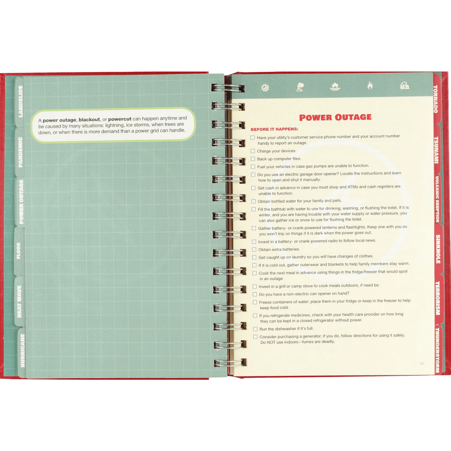 Open emergency preparedness logbook showing detailed power outage checklist with tips on backup plans and safety, featured in emergency supplies and home and garden how-to books collections.