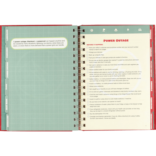 Open emergency preparedness logbook showing detailed power outage checklist with tips on backup plans and safety, featured in emergency supplies and home and garden how-to books collections.