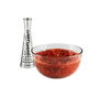 Glass bowl filled with freshly made chunky tomato sauce next to a stainless steel cone grater, ideal for Kitchen & Food, Food Prep, Food Mills, and Best Sellers collections.