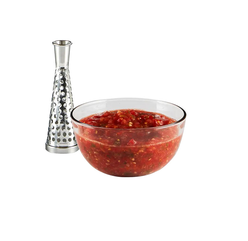 Glass bowl filled with freshly made chunky tomato sauce next to a stainless steel cone grater, ideal for Kitchen & Food, Food Prep, Food Mills, and Best Sellers collections.