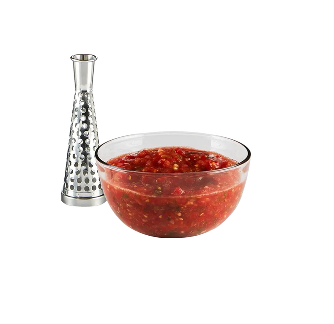 Glass bowl filled with freshly made chunky tomato sauce next to a stainless steel cone grater, ideal for Kitchen & Food, Food Prep, Food Mills, and Best Sellers collections.