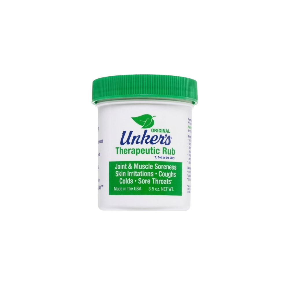 Small container of handcrafted therapeutic rub with green lid, providing natural relief for joint and muscle pain, skin irritations, coughs, and sore throats, made in USA and featured in Health & Wellness, Health Remedies, USA Made, and Best Sellers collections.