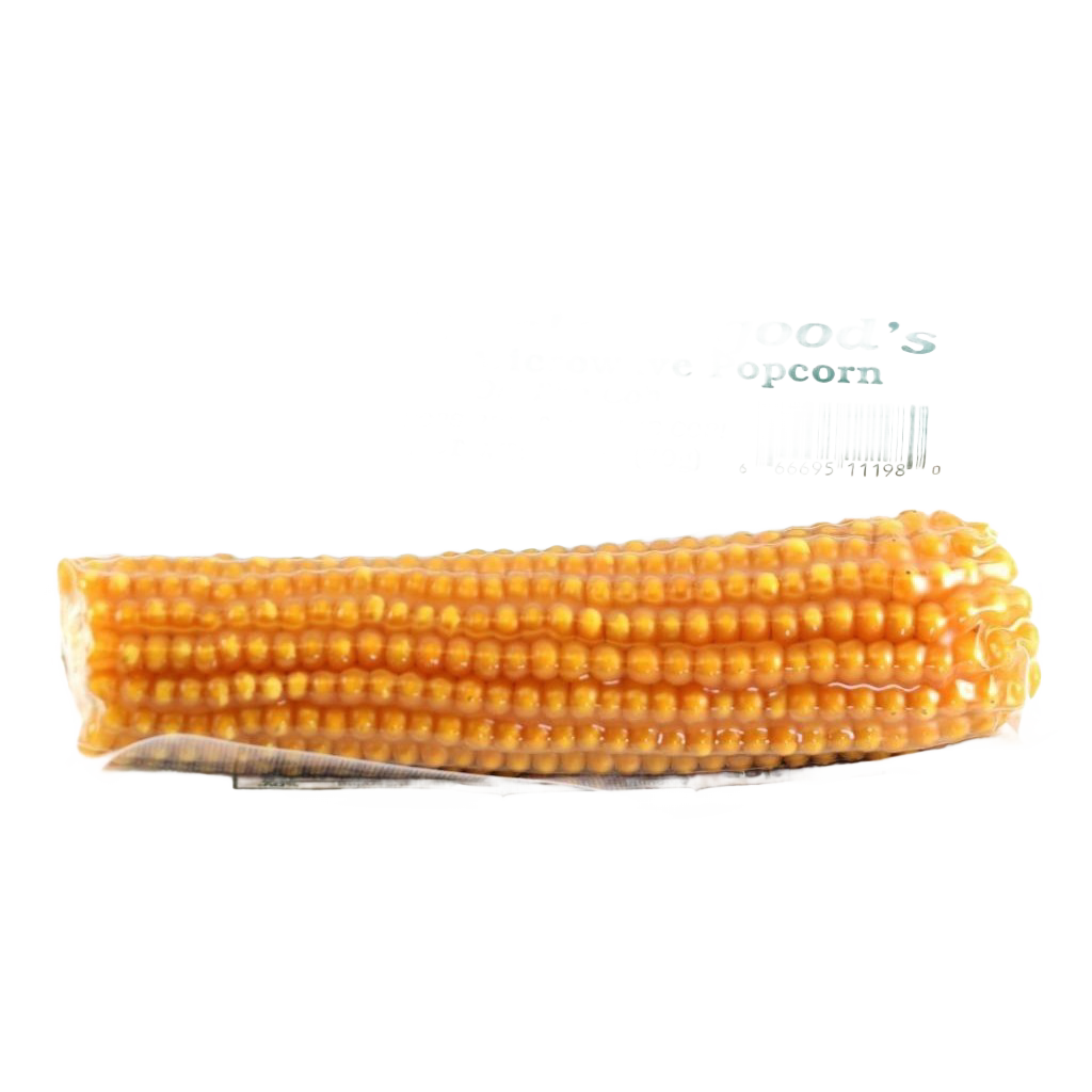 Single yellow corn cob packaged for microwave popcorn, showcasing natural kernels with no added ingredients, part of Kitchen & Food, Snacks and Sweets, USA Made, and Best Sellers collections.