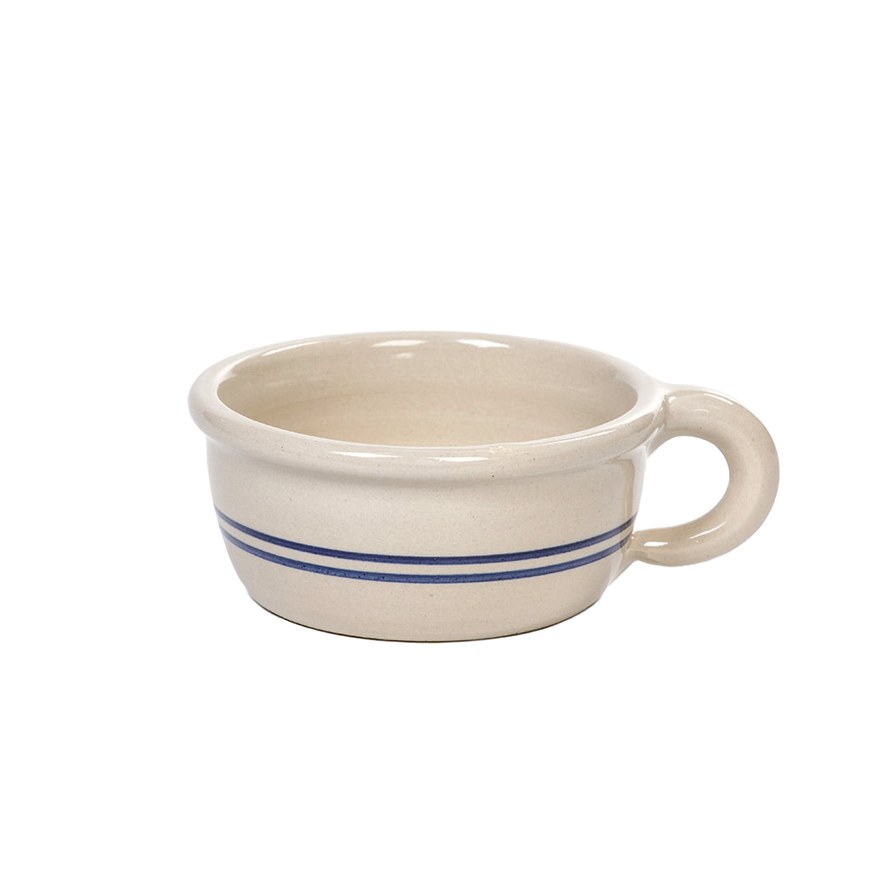Handcrafted stoneware chili bowl in natural color with double blue stripes and handle, made in USA, ideal for Kitchen & Food, Dinnerware, USA Made, Best Sellers, and Promo Eligible collections.