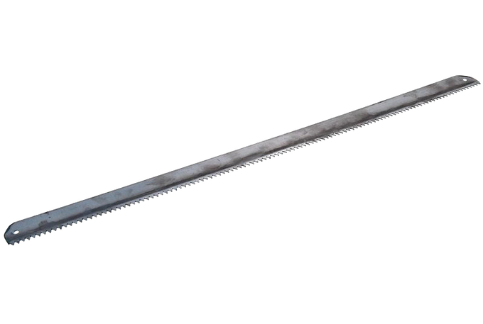 Hand-forged replacement bucksaw blade with razor-sharp teeth and mounting holes, made in USA for rugged farm, garden, and woodworking tasks in homesteading and hardware collections.