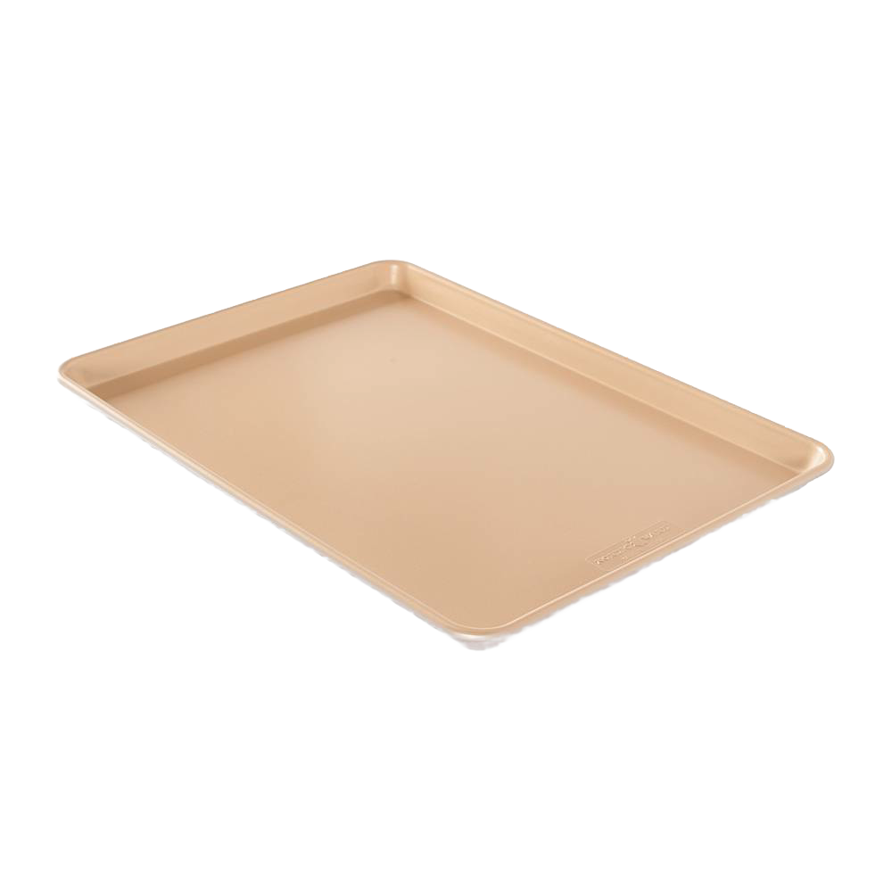 Light gold natural aluminum baking sheet with durable premium nonstick surface, designed for easy release and perfect baking results; featured in Kitchen & Food, Cookware, Baking Supplies, USA Made, Best Sellers, and Promo Eligible collections.