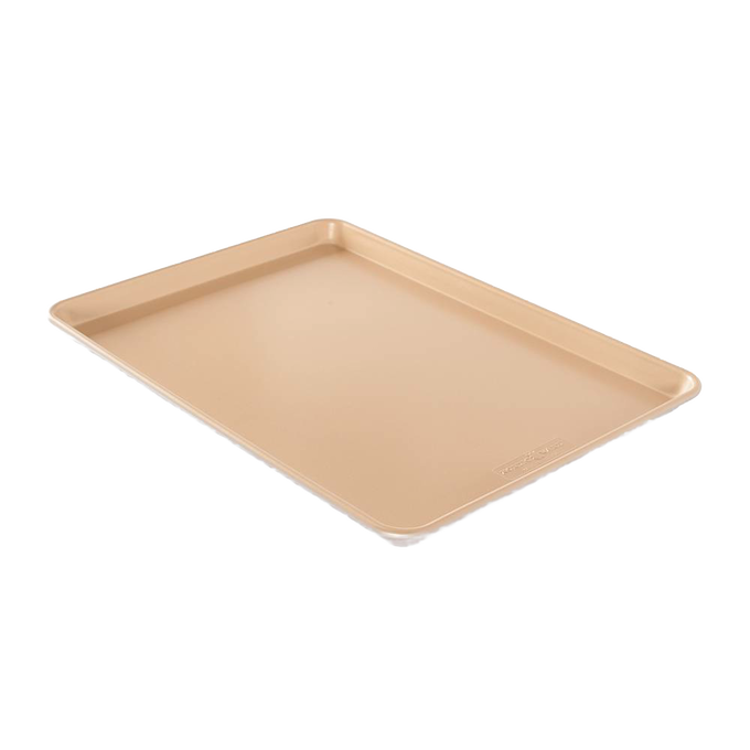 Light gold natural aluminum baking sheet with durable premium nonstick surface, designed for easy release and perfect baking results; featured in Kitchen & Food, Cookware, Baking Supplies, USA Made, Best Sellers, and Promo Eligible collections.