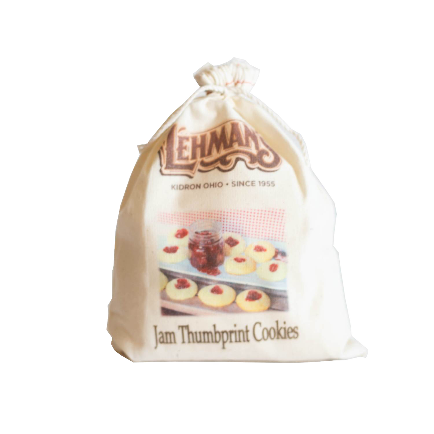 Cotton drawstring bag of handcrafted Lehman’s Jam Thumbprint cookie mix with vintage label, ideal for Kitchen & Food, Pantry, Dry Goods and Mixes, Best Sellers, Promo Eligible collections.