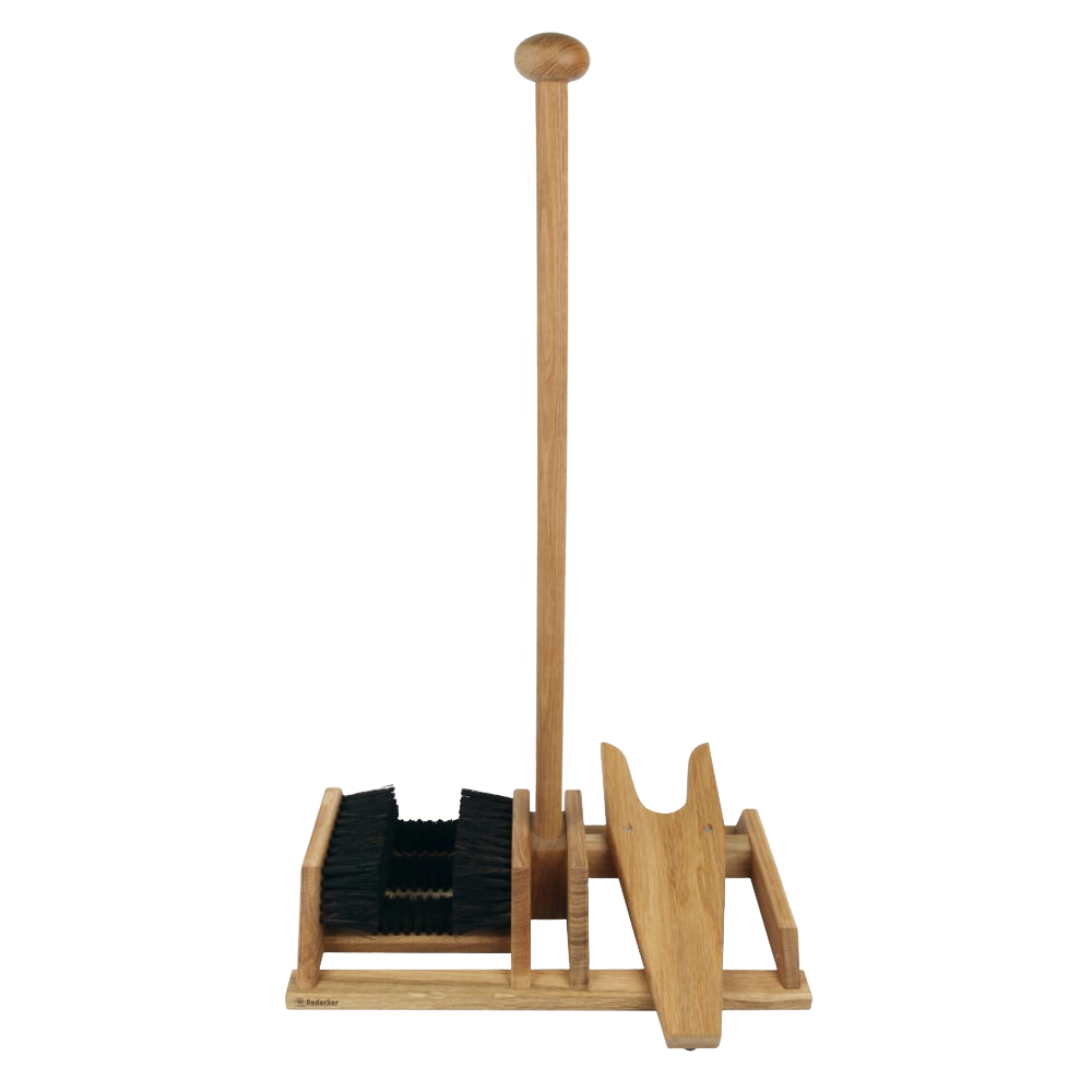 Handcrafted oak bootscraper with sturdy arenga bristles and integrated bootjack, designed to clean muddy boots easily without bending, ideal for Health & Wellness and Home & Decor.