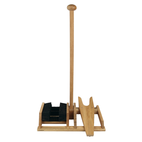 Handcrafted oak bootscraper with sturdy arenga bristles and integrated bootjack, designed to clean muddy boots easily without bending, ideal for Health & Wellness and Home & Decor.