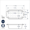 Diagram showing detailed measurements of a handcrafted aluminum loaf pan with perforated trivet for fat draining, featuring sturdy handles, made in USA, suitable for Kitchen & Food, Cookware, Baking Supplies, Pots and Pans, USA Made, Best Sellers, and Promo Eligible collections.