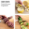 Collage showing a versatile handcrafted kitchen knife slicing yellow squash, sausage, and cucumber on wooden and parchment surfaces, featured in Kitchen & Food and Farm, Garden & Tool collections.