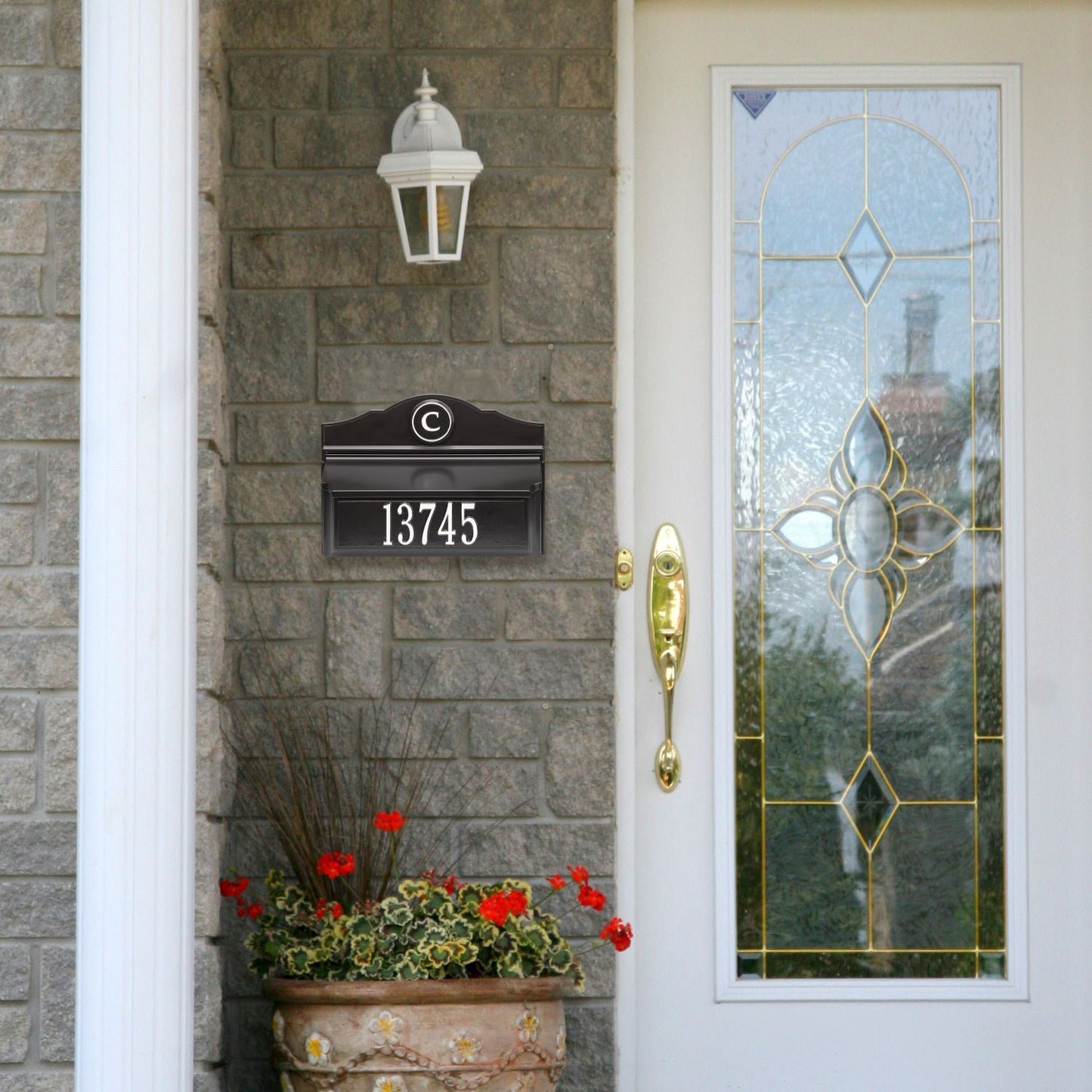 Handcrafted black and white wall mount mailbox with raised house number and monogram, enhancing curb appeal, featured in Home & Decor, Mailboxes and Address Signs, USA Made collections.