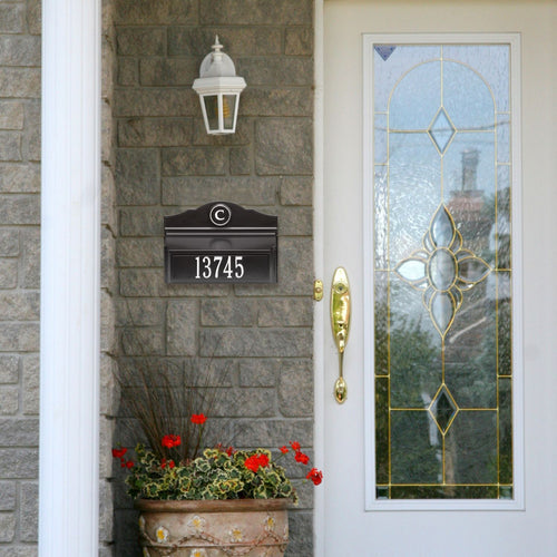 Handcrafted black and white wall mount mailbox with raised house number and monogram, enhancing curb appeal, featured in Home & Decor, Mailboxes and Address Signs, USA Made collections.