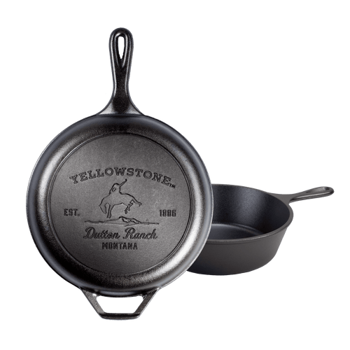 Two handcrafted cast iron skillets featuring a Bucking Bronco design and Yellowstone branding, made in USA, ideal for Kitchen & Food, Cookware, Cast Iron, Best Sellers, and Promo Eligible collections.