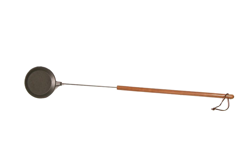 Cast iron skillet with a 32-inch wooden handle designed for campfire cooking, ideal for safely preparing eggs or pancakes, featured in Farm, Garden & Tool, Camping, and Best Sellers collections.