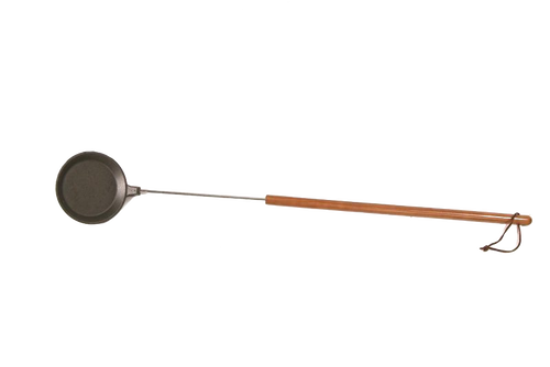 Cast iron skillet with a 32-inch wooden handle designed for campfire cooking, ideal for safely preparing eggs or pancakes, featured in Farm, Garden & Tool, Camping, and Best Sellers collections.