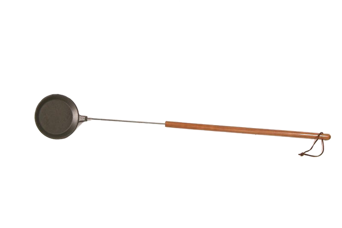 Cast iron skillet with a 32-inch wooden handle designed for campfire cooking, ideal for safely preparing eggs or pancakes, featured in Farm, Garden & Tool, Camping, and Best Sellers collections.