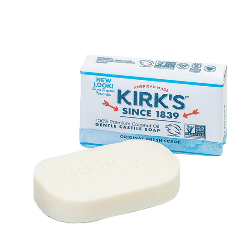 Bar of handcrafted gentle castile soap made with 100% premium coconut oil, displayed alongside its American made packaging, ideal for Health & Wellness, Grooming, and Soaps collections.