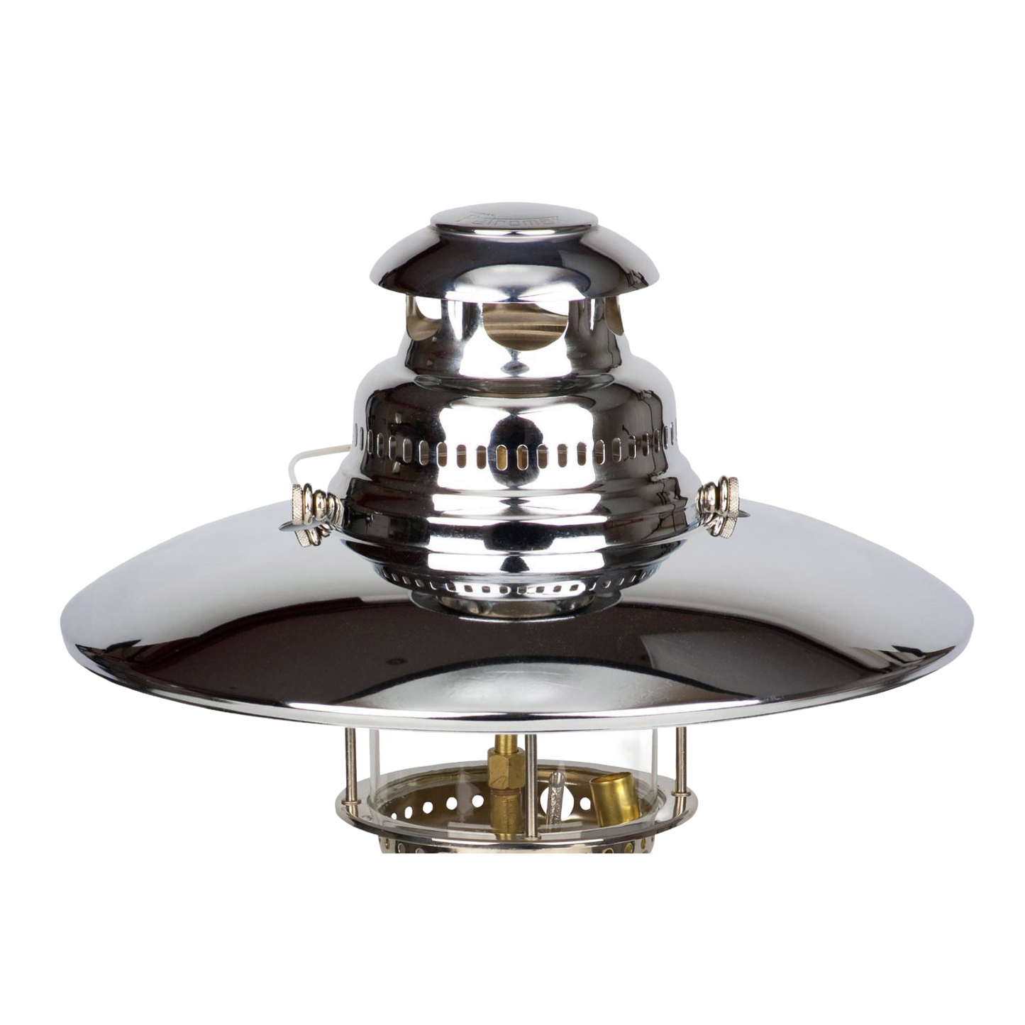 Polished chrome top reflector for a Petromax lamp, designed to enhance light output, featuring a classic ventilated chimney shape, ideal for outdoor and camping use.