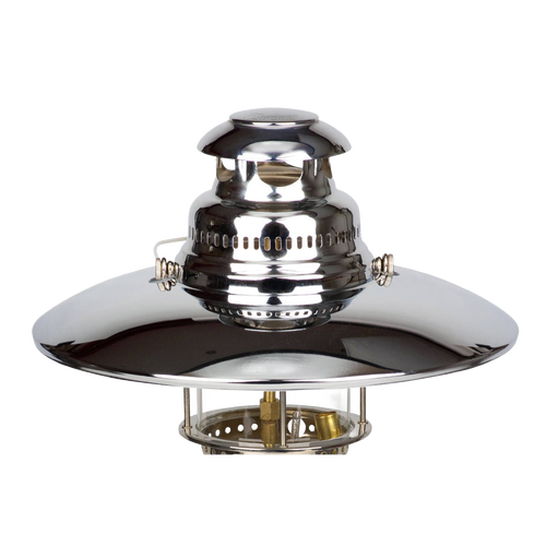 Polished chrome top reflector for a Petromax lamp, designed to enhance light output, featuring a classic ventilated chimney shape, ideal for outdoor and camping use.