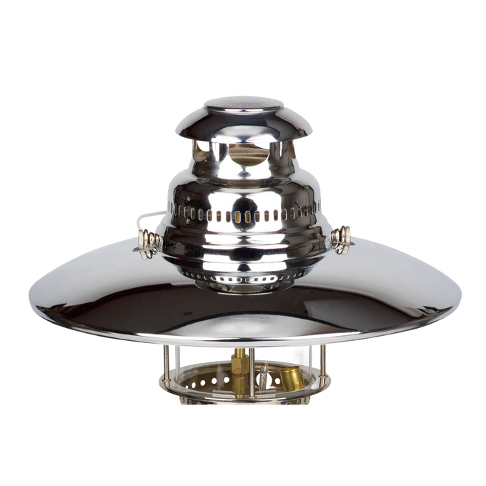 Polished chrome top reflector for a Petromax lamp, designed to enhance light output, featuring a classic ventilated chimney shape, ideal for outdoor and camping use.
