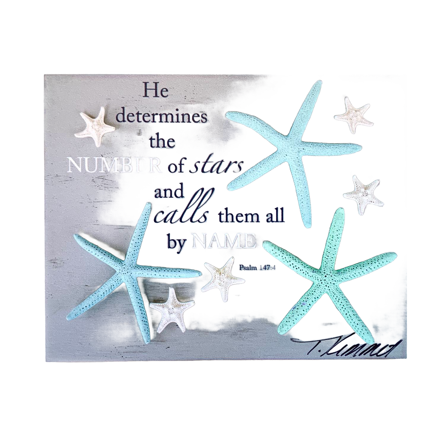 Handcrafted 5"x7" plaque featuring pastel blue and white starfish against a weathered gray background with an uplifting Bible verse from Psalm, perfect for Home & Decor, Best Sellers, and Promo Eligible collections.