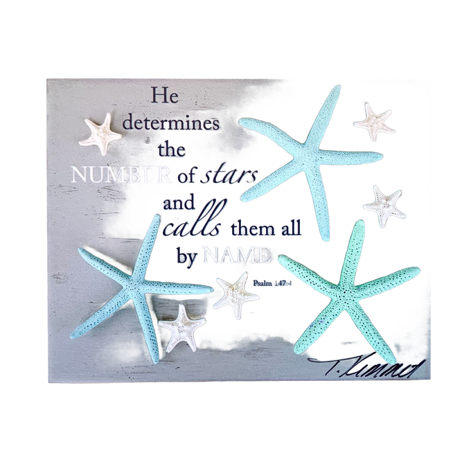 Handcrafted 5"x7" plaque featuring pastel blue and white starfish against a weathered gray background with an uplifting Bible verse from Psalm, perfect for Home & Decor, Best Sellers, and Promo Eligible collections.