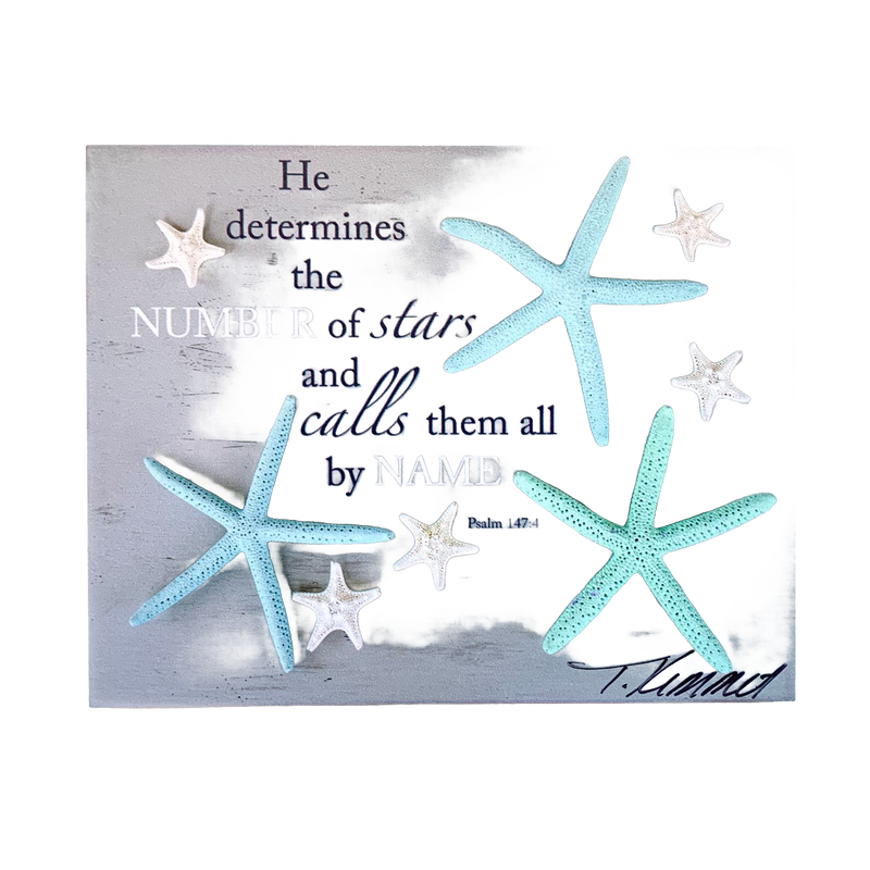 Handcrafted 5"x7" plaque featuring pastel blue and white starfish against a weathered gray background with an uplifting Bible verse from Psalm, perfect for Home & Decor, Best Sellers, and Promo Eligible collections.