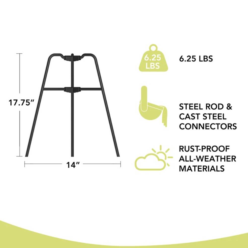 Compact vertical bonfire frame measuring 17.75 inches tall and 14 inches wide, constructed from rust-proof steel rod and cast steel connectors, weighing 6.25 pounds, ideal for Farm, Garden & Tool, Camping, and Best Sellers collections.